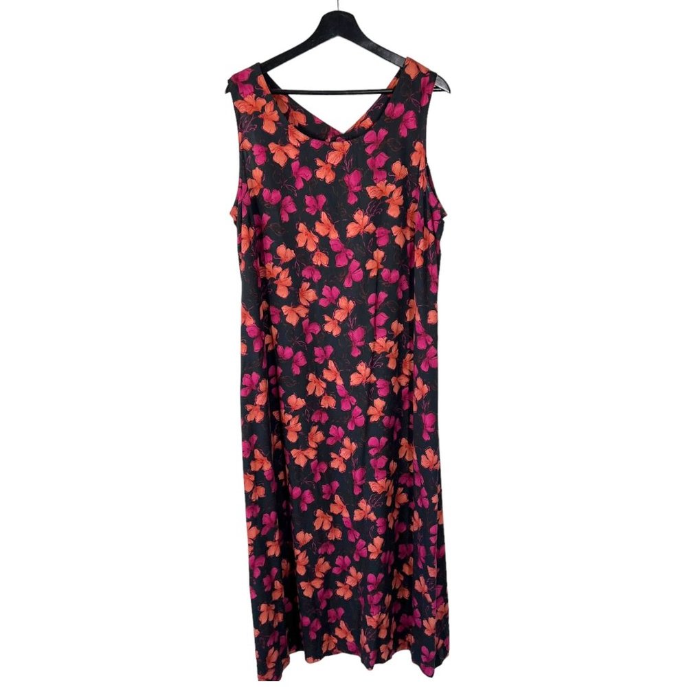 Vintage 90s Black Multicolor Floral Print Sleeveless Full Length Dress XL